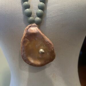 Wood bead, oyster shell, polymer clay necklace. 17 inches